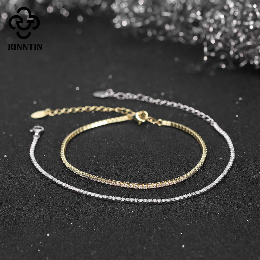 Rintin Brilliant Tennis Bracelet 925 Pure Silver 1.5mm Bazil Set Zircon Womens Chain Bracelet Jewelry SB190 240929