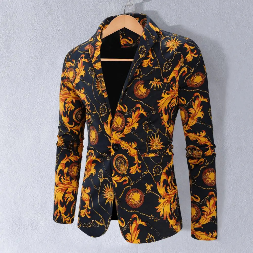 Men Blazer Fashion Print Turndown Collar Long Sleeve Button Loose Suit Jacket Colorful Pattern Lapel Blazer Suit Coat Streetwear 240930