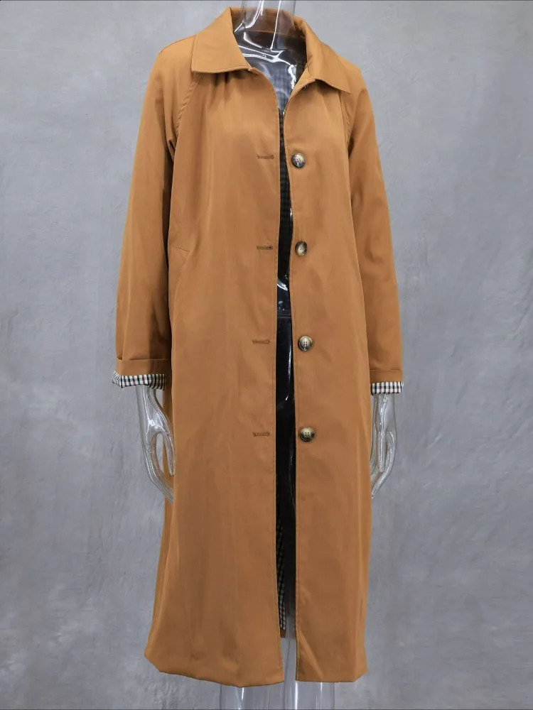 Women Long Trench Coats Elegant Khaki Lapel Single Breasted Casual Jackets Autumn Winter Fashion Plaid Lined Chic Outwear 2024 240930