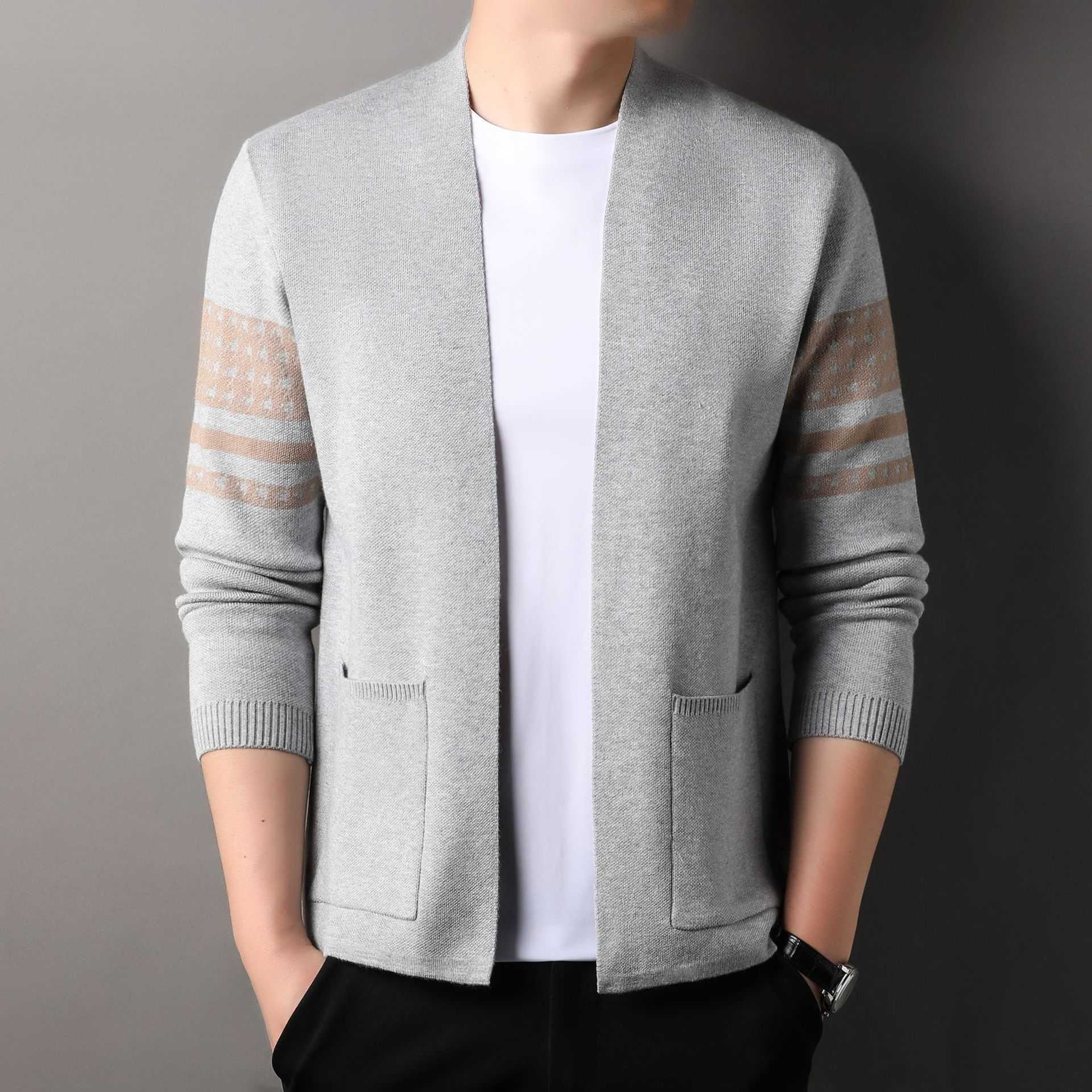 New mens knitted sweater cardigan for spring and autumn Korean version casual and versatile fashionable sweater for outerwear simple and trendy jacket