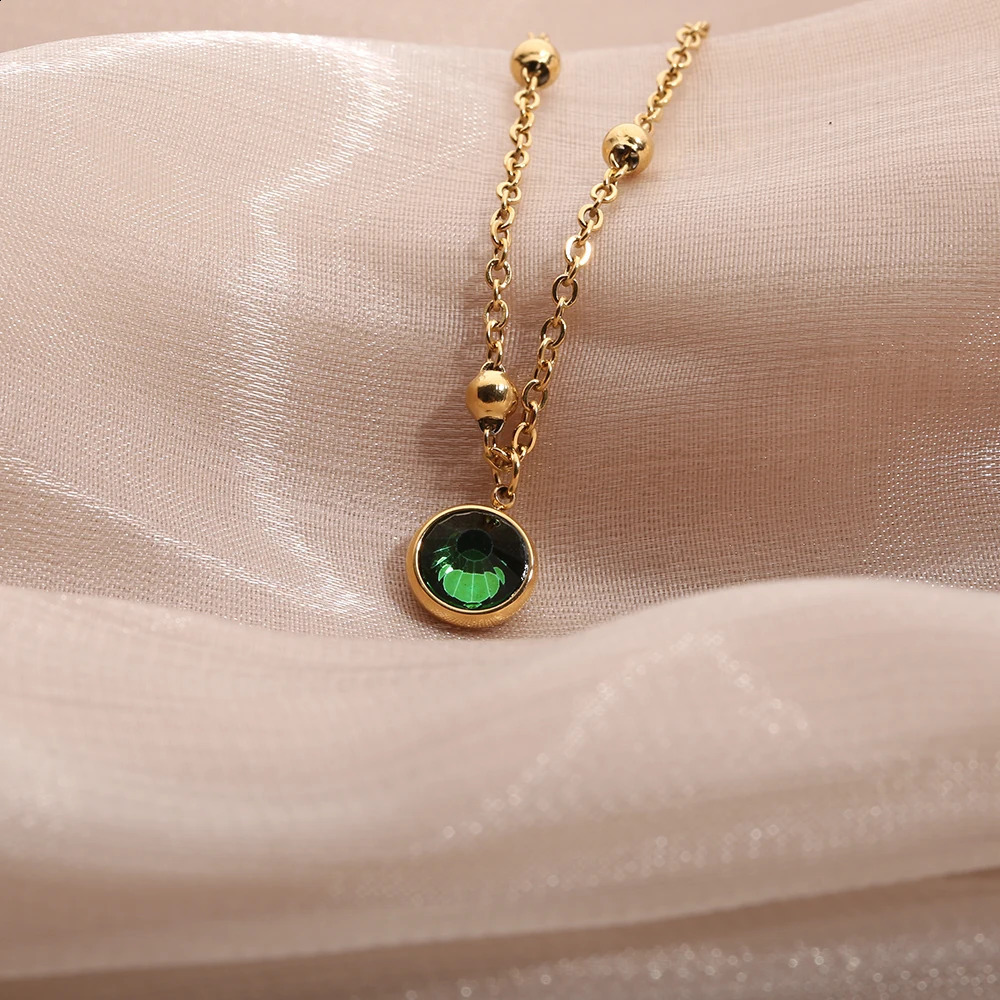 stainless steel ball chain anklet green stone round charm anklet suitable for women gold-plated waterproof jewelry 241007