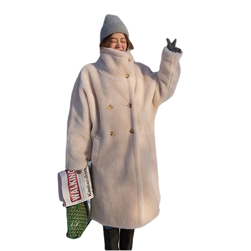 Turtleneck Long Faux Women Winter Teddy Fluffy Female Double Breasted Pink Plush Fur Coat Dropped Sleeves Jacket