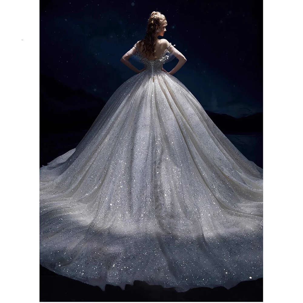 Fashion Elegant Tulle O Neck Wedding Delicate Lace D Decal Sequined Beaded Romantic Beautiful Princess Bride Dress ecal ress