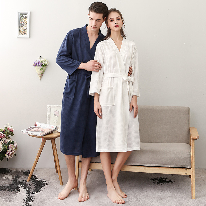 Designer Upgraded Summer Thin Waffle Couple Black Bathrobe Women's Large Water Absorbent Quick Drying Yukata Seven Sleeve