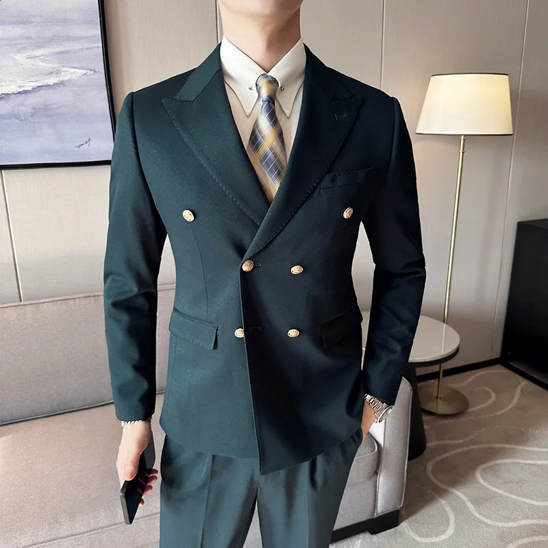 Style PioneerPants Mens Metal Fashion Business Double Layer Korean Leisure Gentleman Wedding Dress 2piece Set 240929