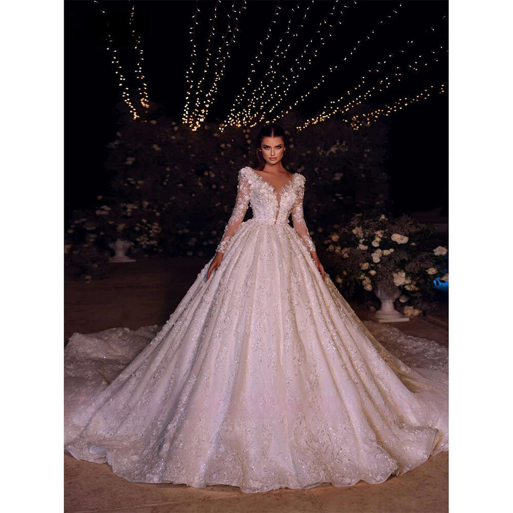 Gown Ball Wedding Dress Elegant V Neck Long Sleeved Lace Applique Beaded Bridal Gowns Custom Made Party Dresses s es