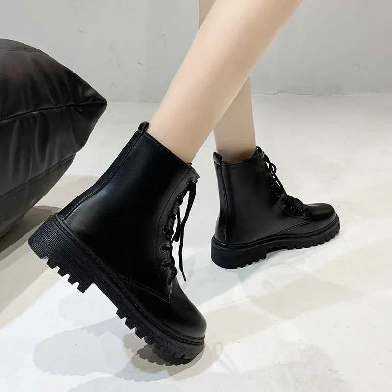 New Womens Black Fi Ankle Boots Female Combat Square Heel Garden Lace-up Boots Autumn Woman Leather Pu Casual ShoesXJ250217