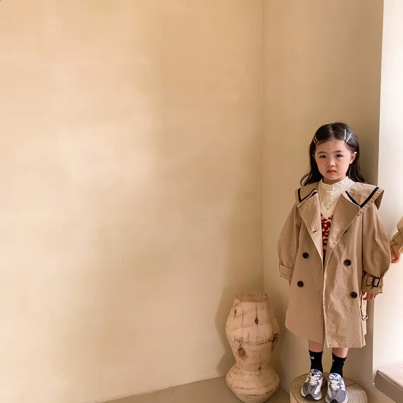 Childrens Trench Spring/Summer Girl Korean Solid Color Long Trench Fashion Casual Collar Girl Trench Coat 240923