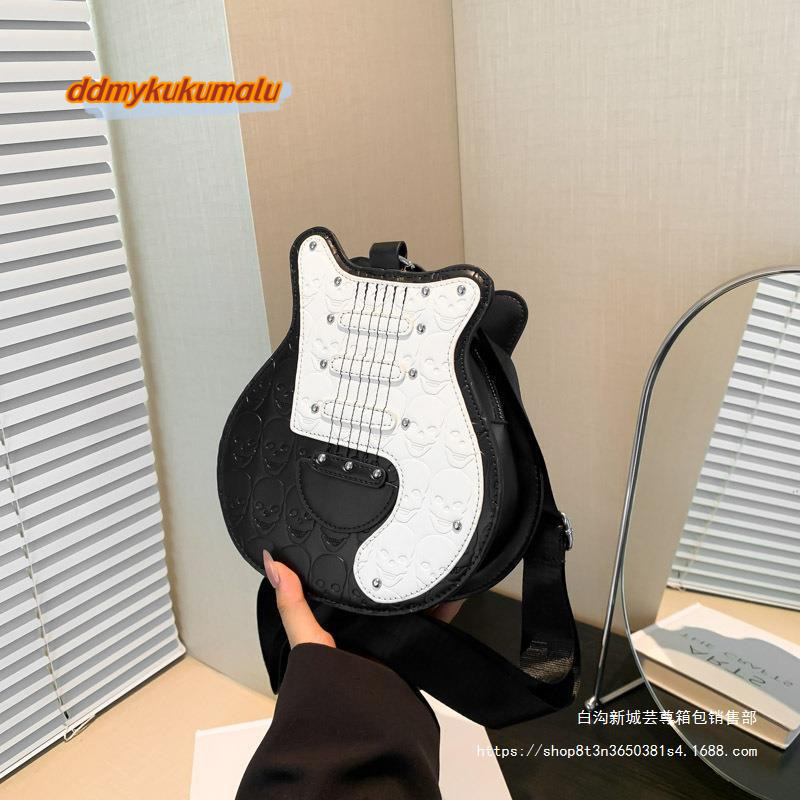 Halloween New Skull Shoulder Personalized Creative Crossbody Guitar Shaped Rivet Women's Bag #33 ddmykukumalu