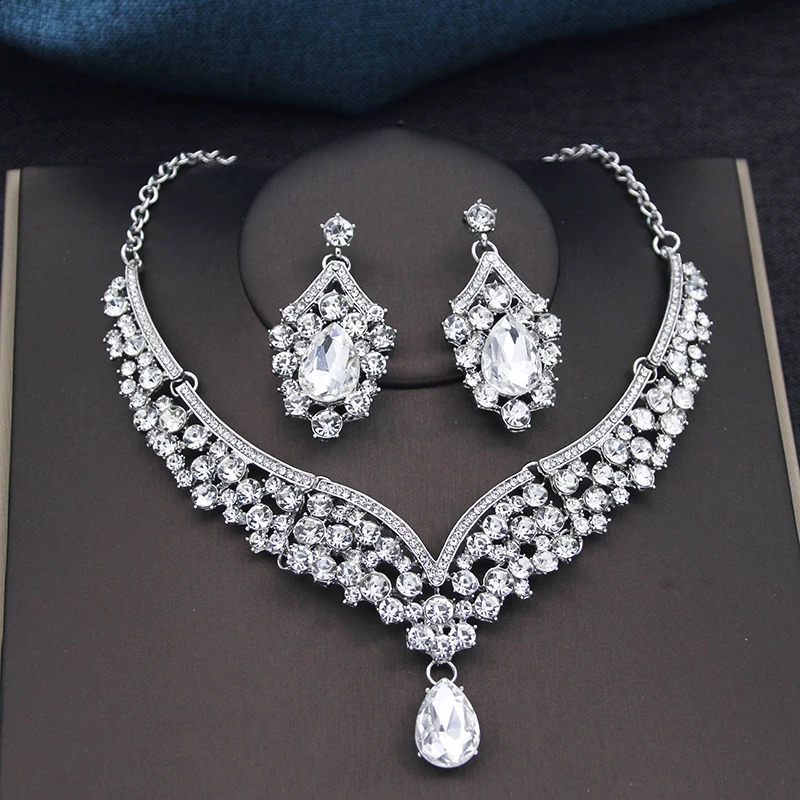 Fashion Womens Rhinestone Crystal Water Drop Necklace Earring Wedding Bridal Jewelry Set 241007 Z260313