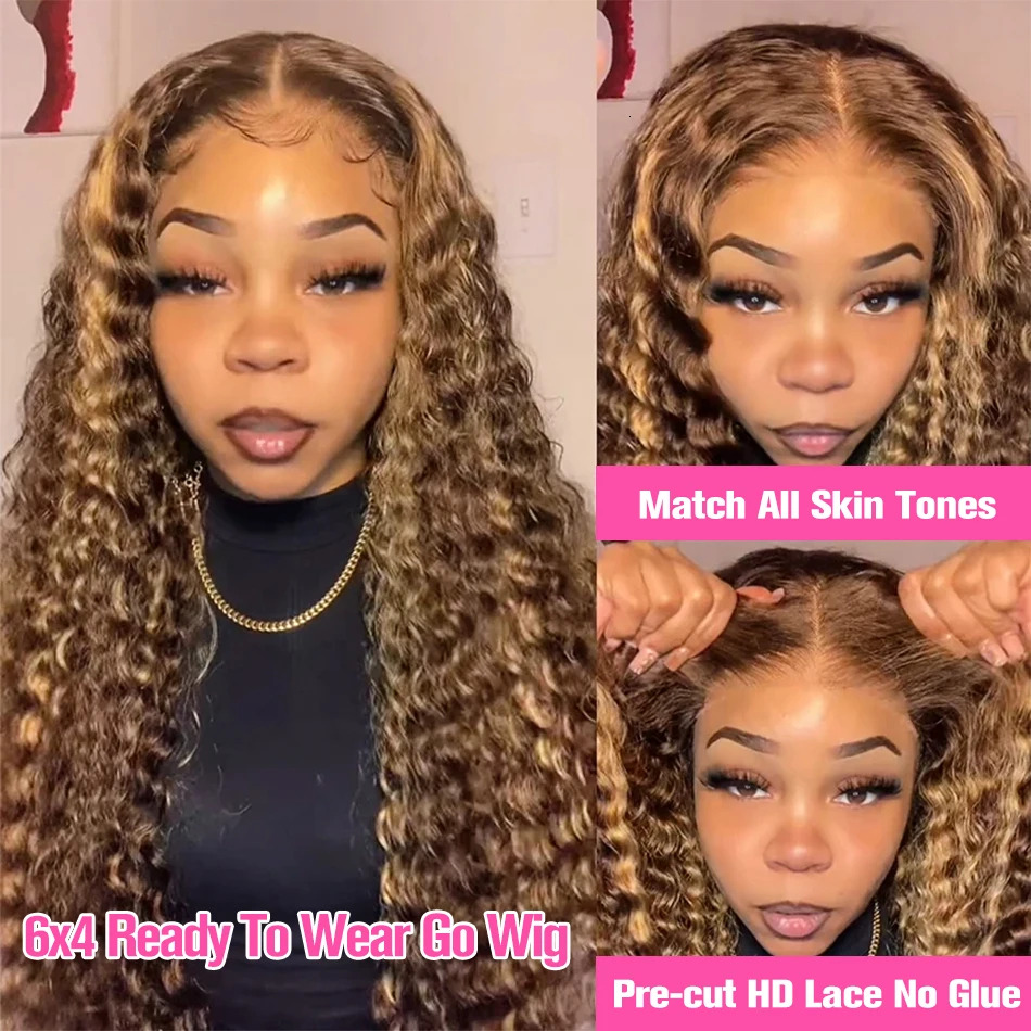 13X6 Curly Wigs Glueless Honey Blonde Water Front Highlight Deep Wave Frontal 6X4 HD Lace Closure Wig