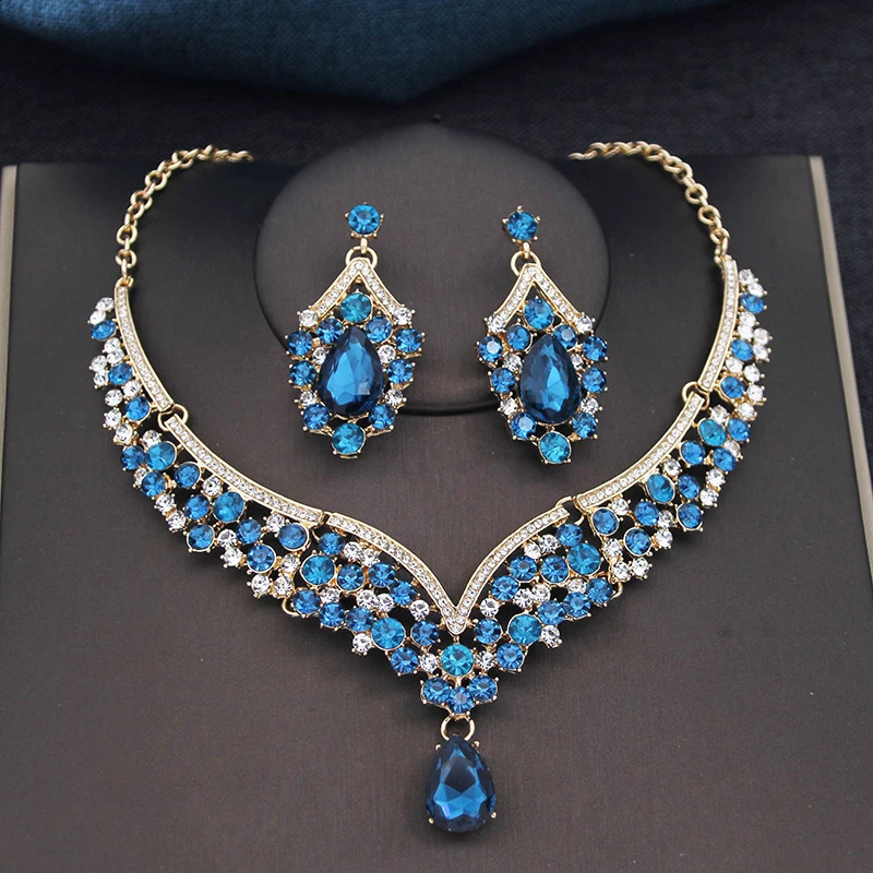 Fashion Womens Rhinestone Crystal Water Drop Necklace Earring Wedding Bridal Jewelry Set 241007 Z260313