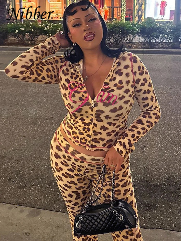 Nibber Leopard Print 2-piece womens autumn track and field outfit hooded crop jacketglitter pants elastic matching set 241007