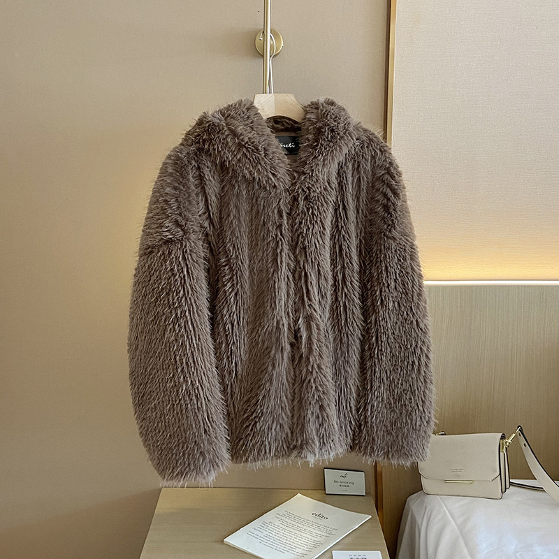 2023 New Winter Women Hooded Faux Fox Fur Teddy Loose Raglan Sleeves Plush Coat Brown Bear Fluffy Jacket Female Tops
