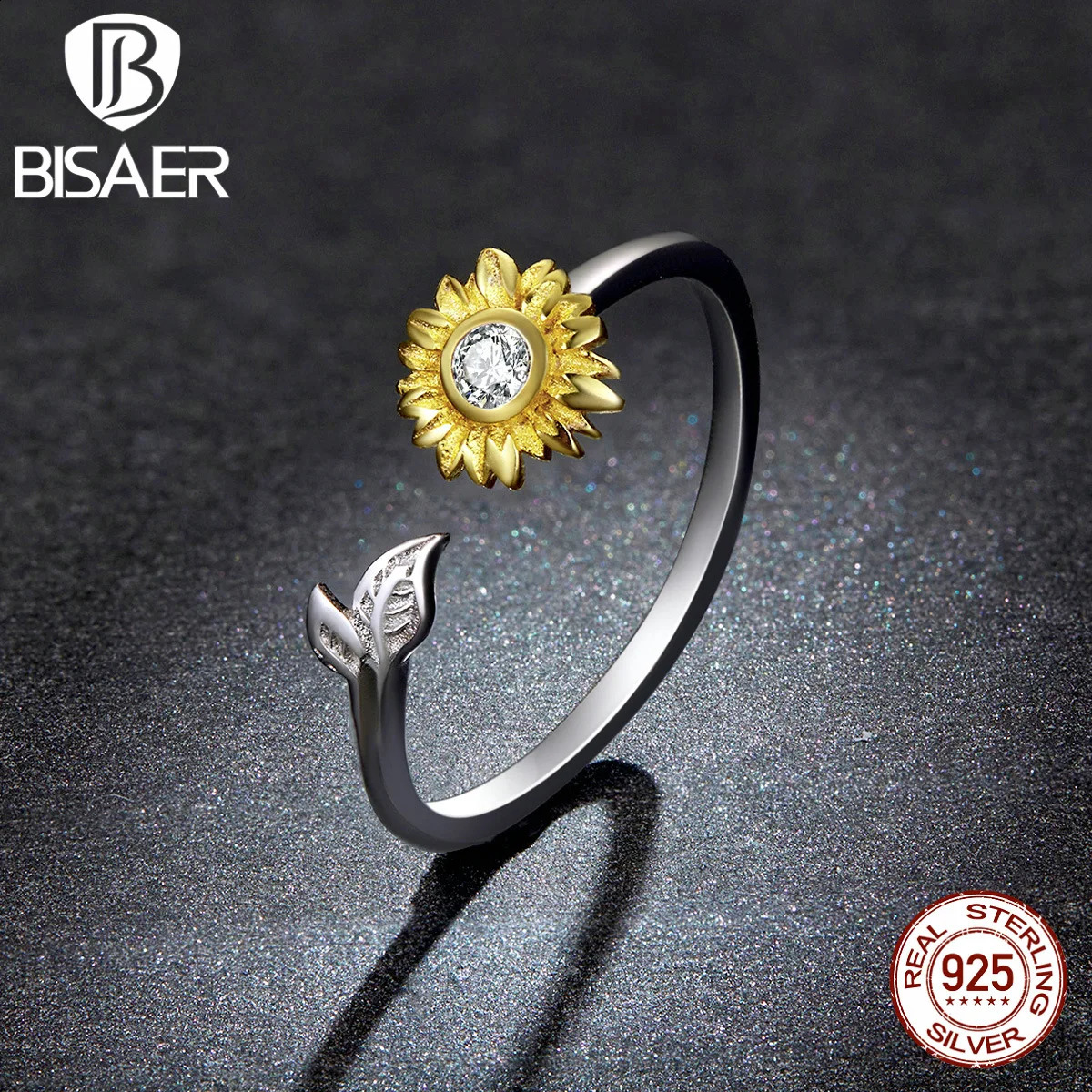 BISAER 925 sterling silver sunflower jewelry set plated with 14K gold lucky necklace earrings exquisite jewelry gift for women 240924