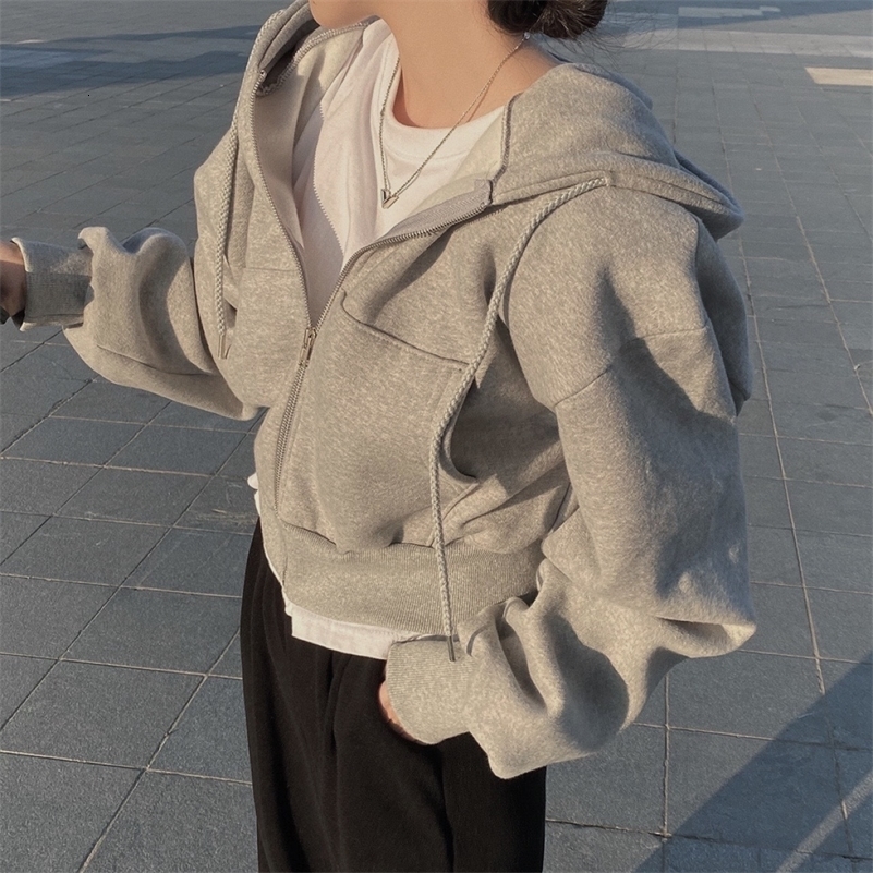 Women Autumn Winter Short Hooded Hoodies Solid Casual Streetwear Zip Up Sweatshirts Long Sleeve Loose Jackets Harajuku Y2K Tops 240930