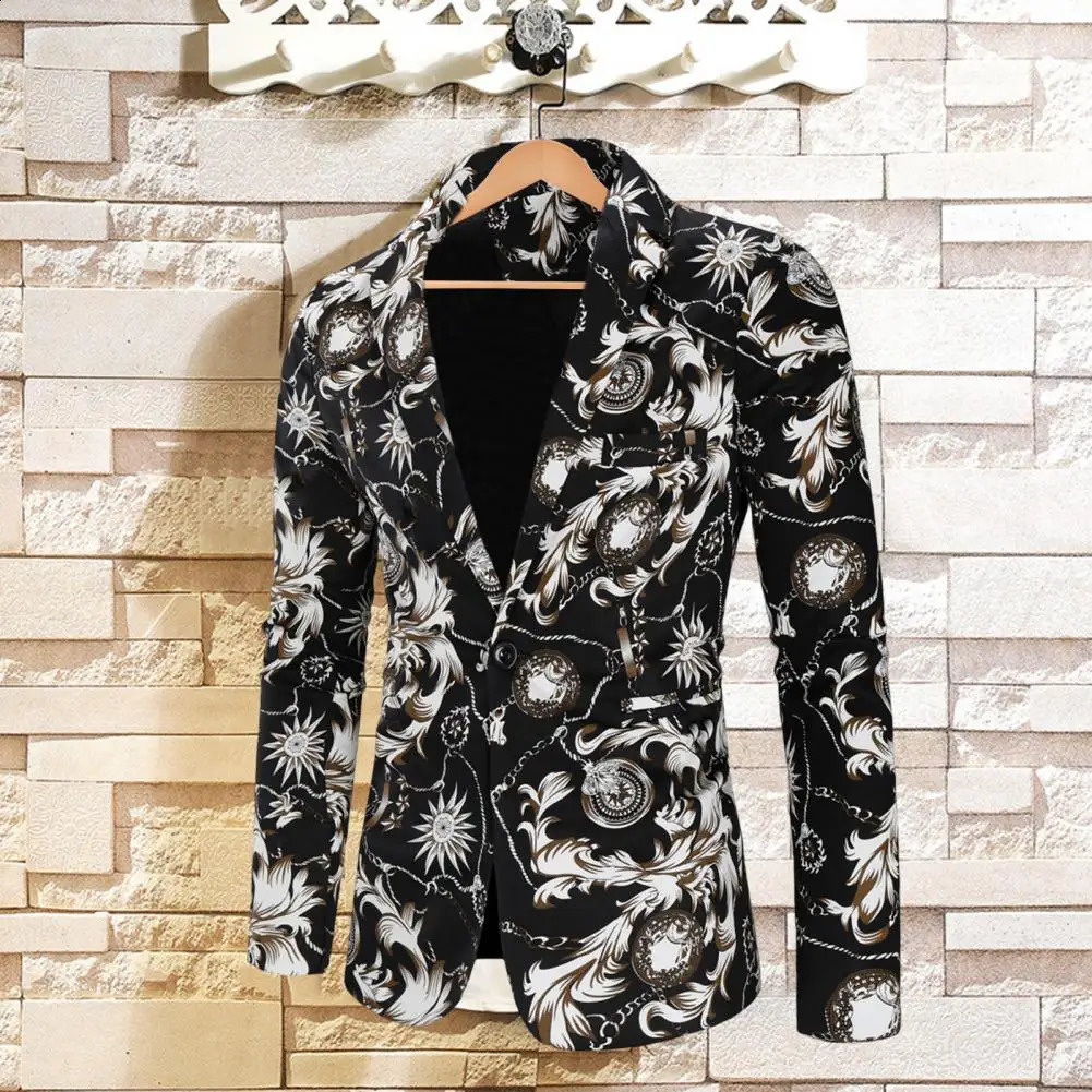 Men Blazer Fashion Print Turndown Collar Long Sleeve Button Loose Suit Jacket Colorful Pattern Lapel Blazer Suit Coat Streetwear 240930