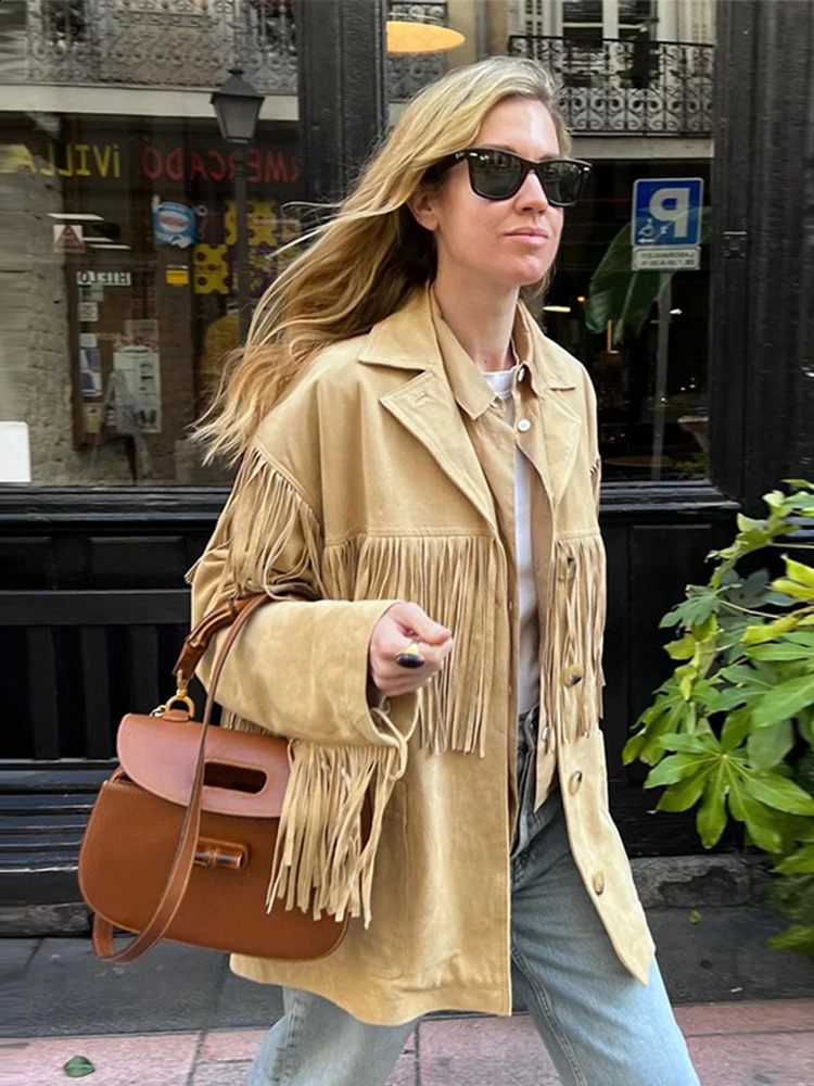 Vintage Suede Tassel Womens Jackets Long Sleeve Lapel Coats 2024 Autumn Fashion Single Breasted Lady Jacket Outwear 240930