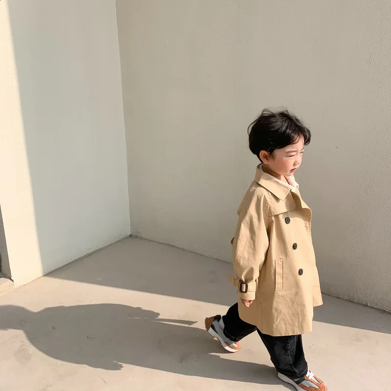 Childrens Trench Spring/Summer Girl Korean Solid Color Long Trench Fashion Casual Collar Girl Trench Coat 240923