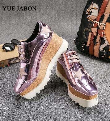 Stars Loafer Square Toe Lace-Up Thick Bottom Platform Wedge For Women Causal Sneakers Real Leather Shoes 2024