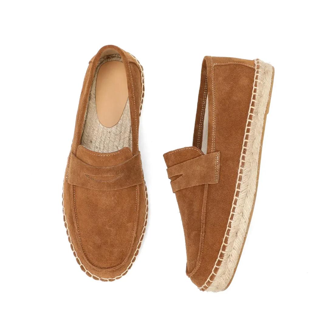 Men's Jute Espadrilles Slip on Loafers Cow Suede Leather Casual