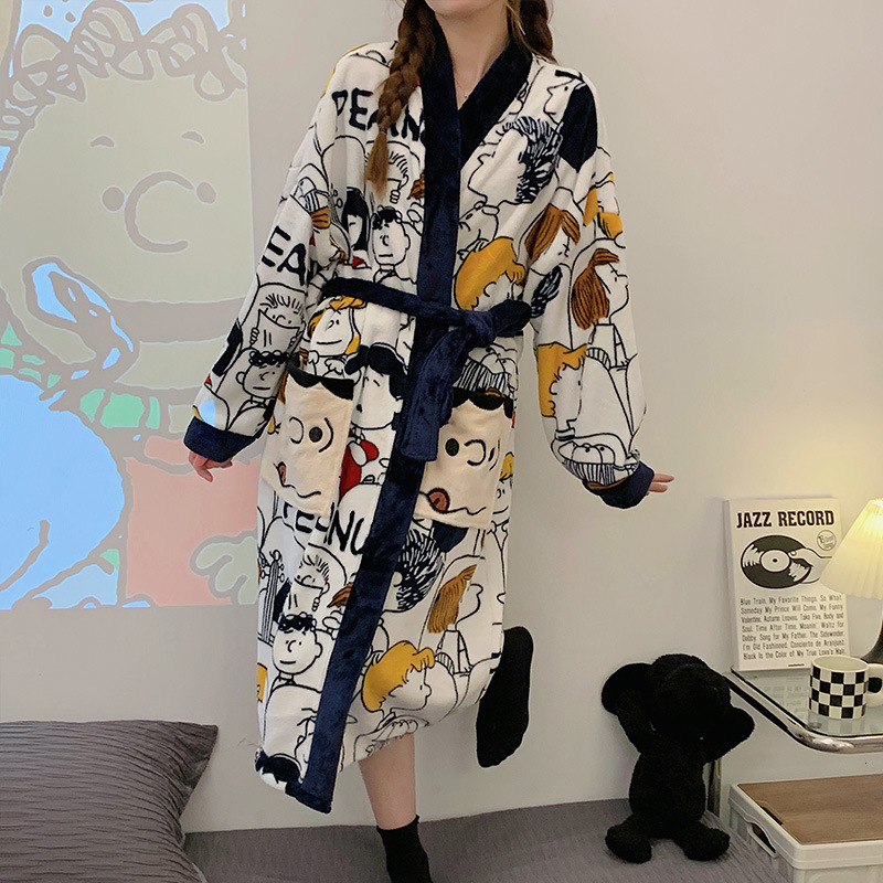 Designer Couple Nightgown Autumn And Winter Women's Sleepwear Thickened Coral Fleece 2024 New Cartoon Bathrobe Men's Home Wear