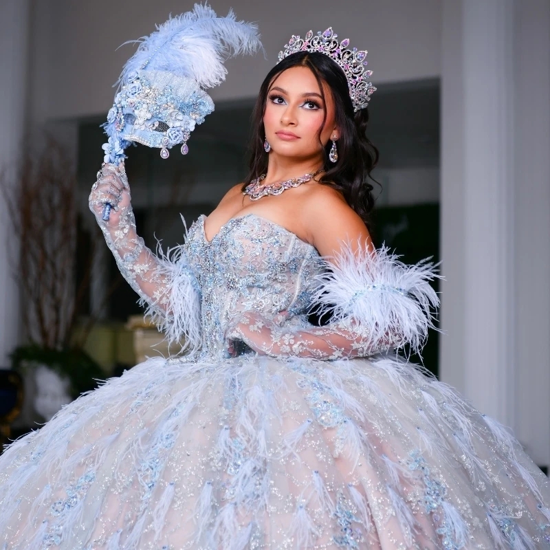 Sky Blue Shiny Quinceanera Dresses Champagne Lining Ball Gown Off The Shoulder Sequin Appliques Feather Corset Sweet 16 Vestidos 15 De XV Anos