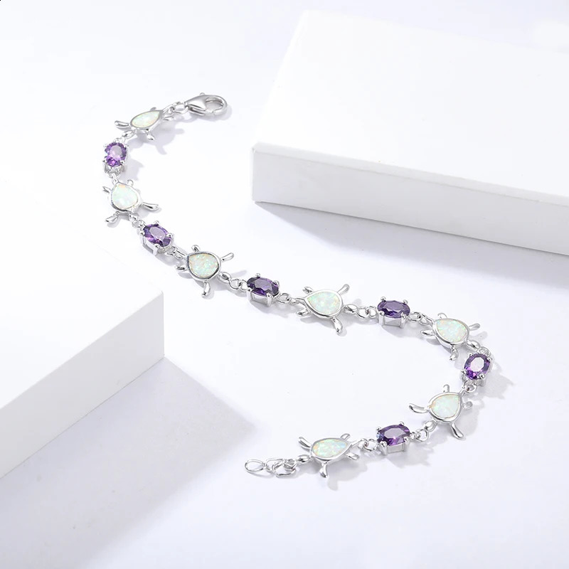 MYOP 925 Silver Gift Artificial White Opel Pear shaped Sea Turtle Bracelet Purple Denier Zircon Lobster Buckle Wedding Charm Party Fashion 240929