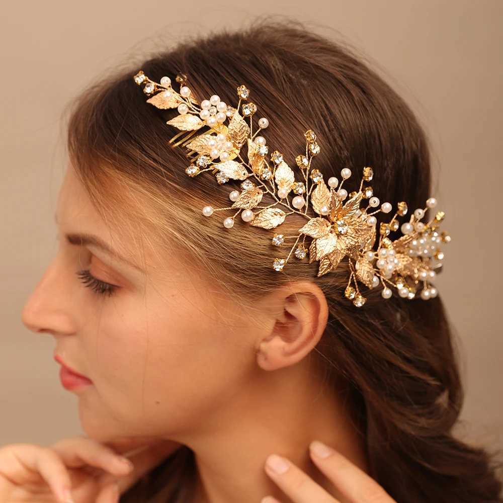 Pearl Rhinestone Flower Bridal Hair Combs Gold Leaf Wedding Headband Brides Headwear Wedding Accessories Party Prom Hair JewelryX241007