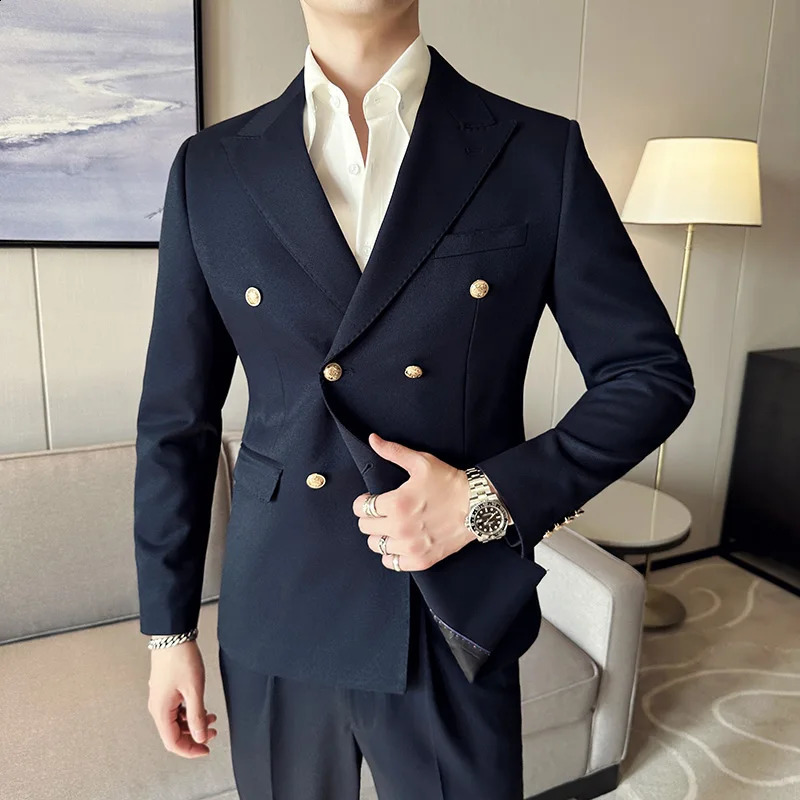 Style PioneerPants Mens Metal Fashion Business Double Layer Korean Leisure Gentleman Wedding Dress 2piece Set 240929