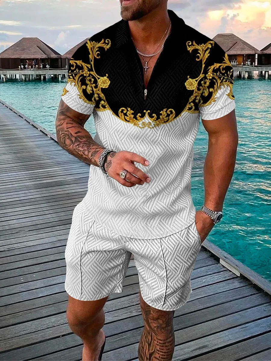 Retro 3D printed mens polo shirt set with zipper lapel polo shirt set with zipper necklace and shorts 2 pieces of Hawaiian holiday style mens sportswe