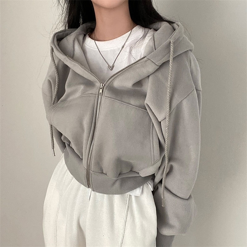 Women Autumn Winter Short Hooded Hoodies Solid Casual Streetwear Zip Up Sweatshirts Long Sleeve Loose Jackets Harajuku Y2K Tops 240930