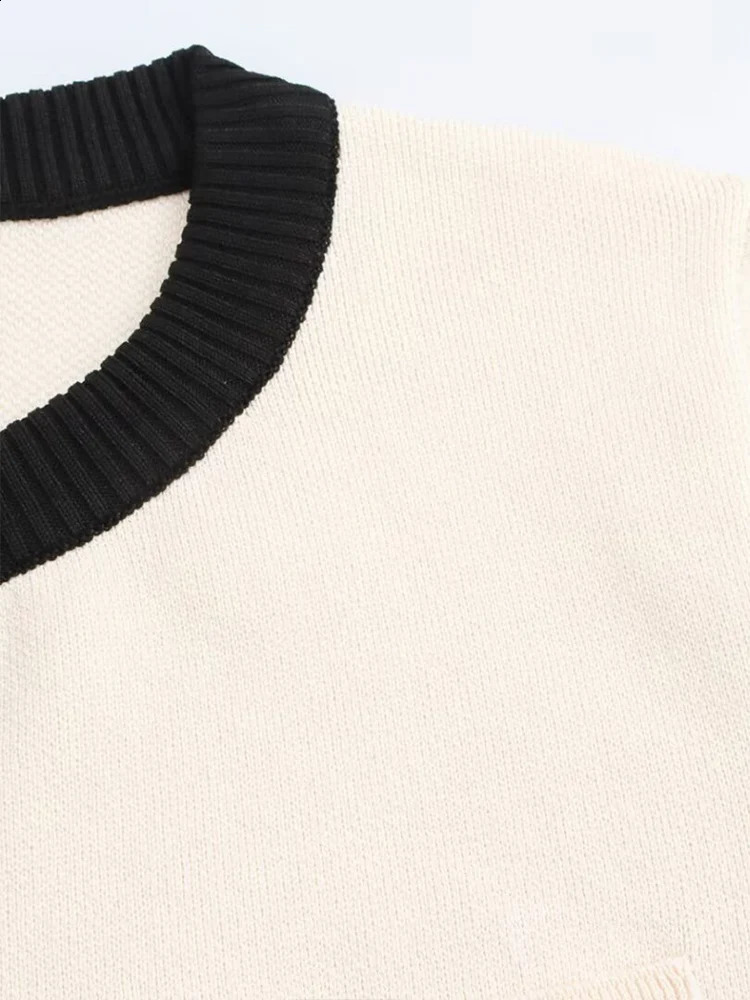 Fashionable and simple womens clothing item contrasting color border sweater cardigan round neck knitted jacket 241007