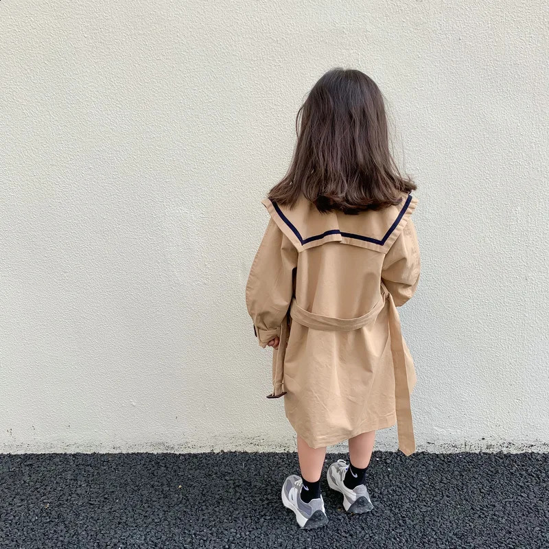 Childrens Trench Spring/Summer Girl Korean Solid Color Long Trench Fashion Casual Collar Girl Trench Coat 240923