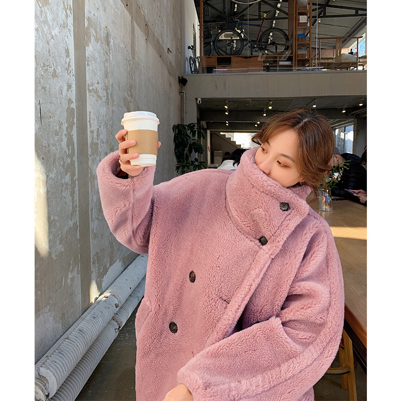 Turtleneck Long Faux Women Winter Teddy Fluffy Female Double Breasted Pink Plush Fur Coat Dropped Sleeves Jacket