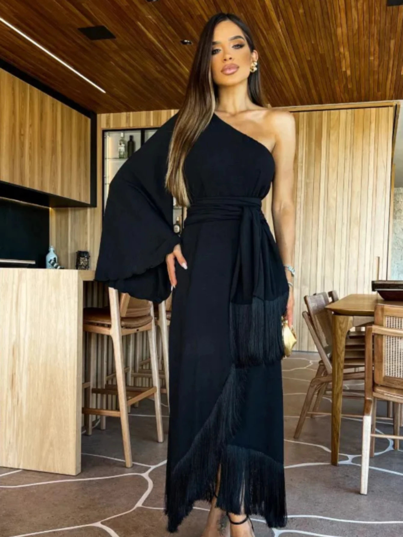 Solid Womens One Shoulder Sexy Long Dress with Ruffles and Fluffy Stiff Swinging Evening 241007