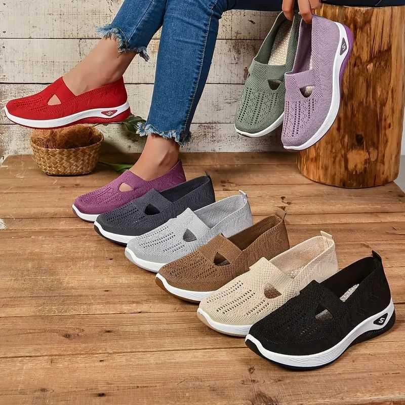 Soft sole knitted sports shoes suitable for womens breathable and comfortable casual sports shoes womens lightweight hollow mesh apartment summer shoe