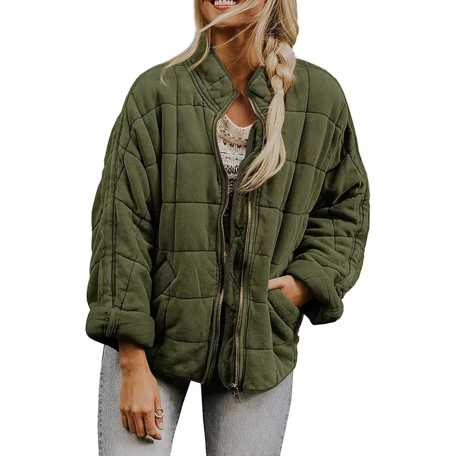 Women Casual Cotton Jacket Solid Color Loose Zipper With Pocket Autumn Winter Warm Coat Fashion High Street Outerwear 241007