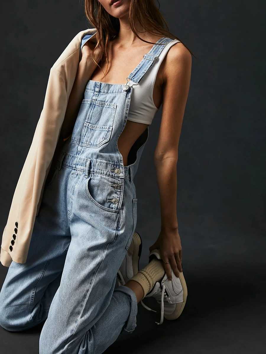 Womens Vintage Retro Denim Long Jumpsuit Casual Spaghetti Strap Straight Romper Suspender Pants Summer Baggy Bib Loose Overalls W250306