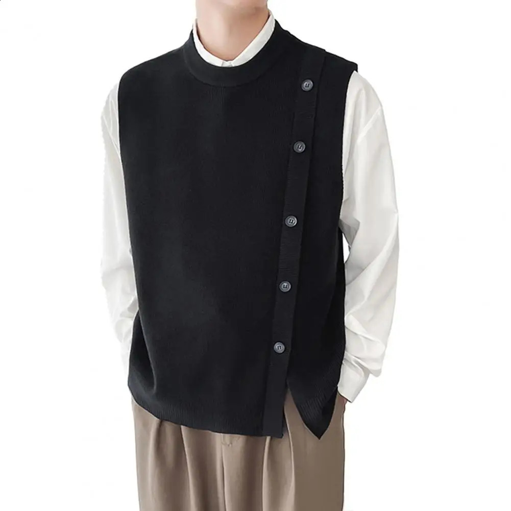 Mens casual solid color knitted sweater vest with buttons sleeveless round neck cardigan suitable for autumn and winter fashion 240930CJ