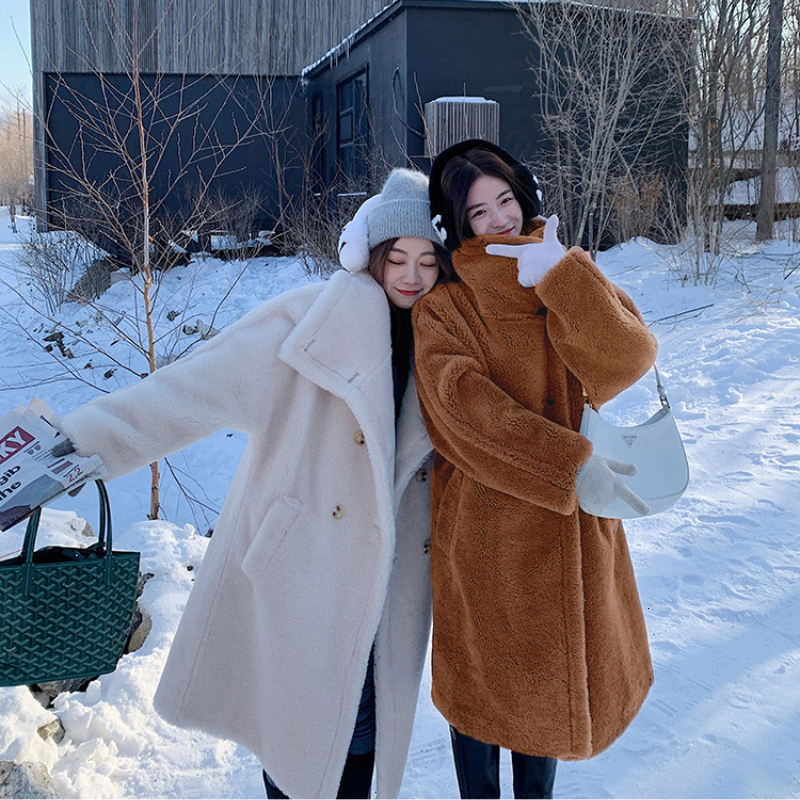 Turtleneck Long Faux Women Winter Teddy Fluffy Female Double Breasted Pink Plush Fur Coat Dropped Sleeves Jacket