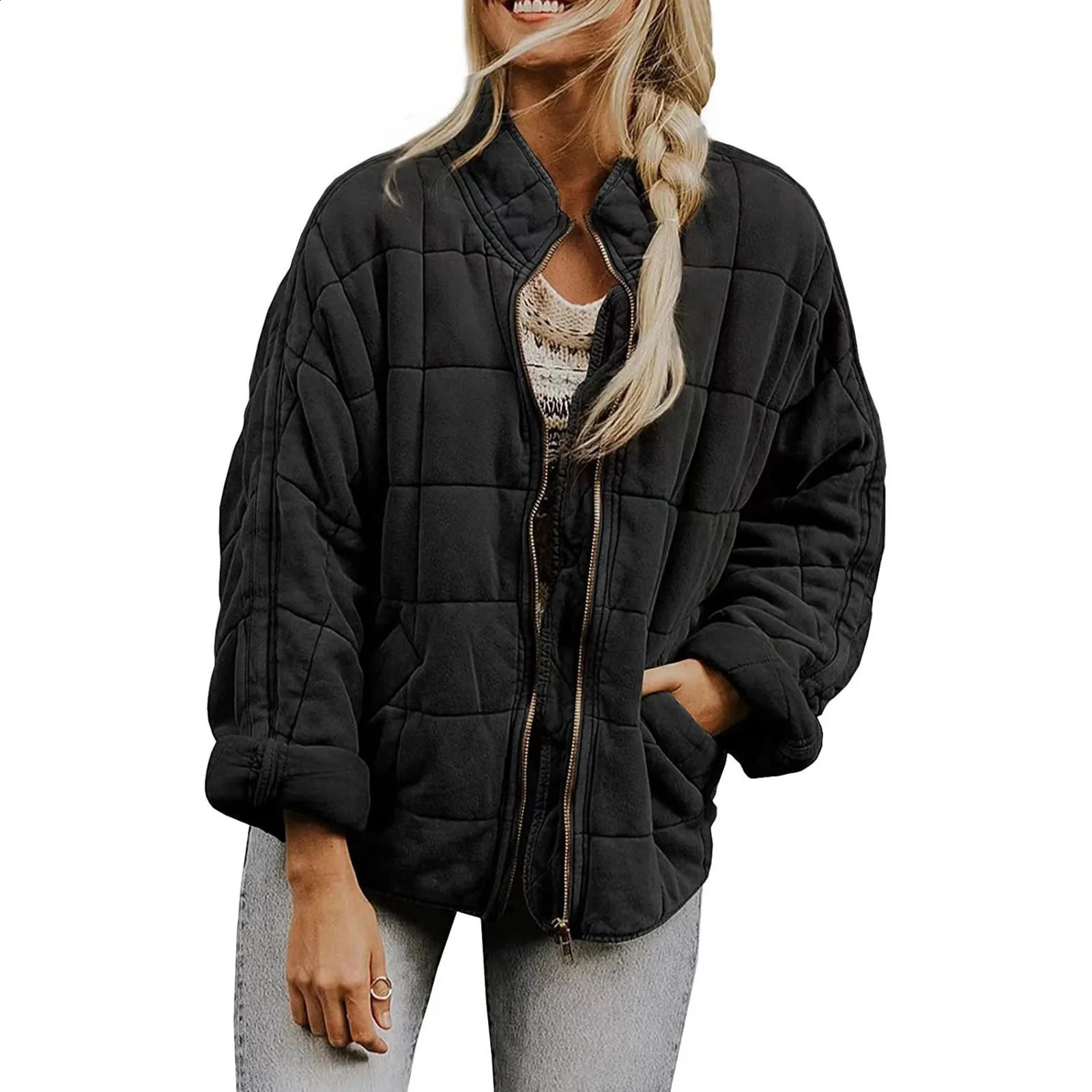 Women Casual Cotton Jacket Solid Color Loose Zipper With Pocket Autumn Winter Warm Coat Fashion High Street Outerwear 241007
