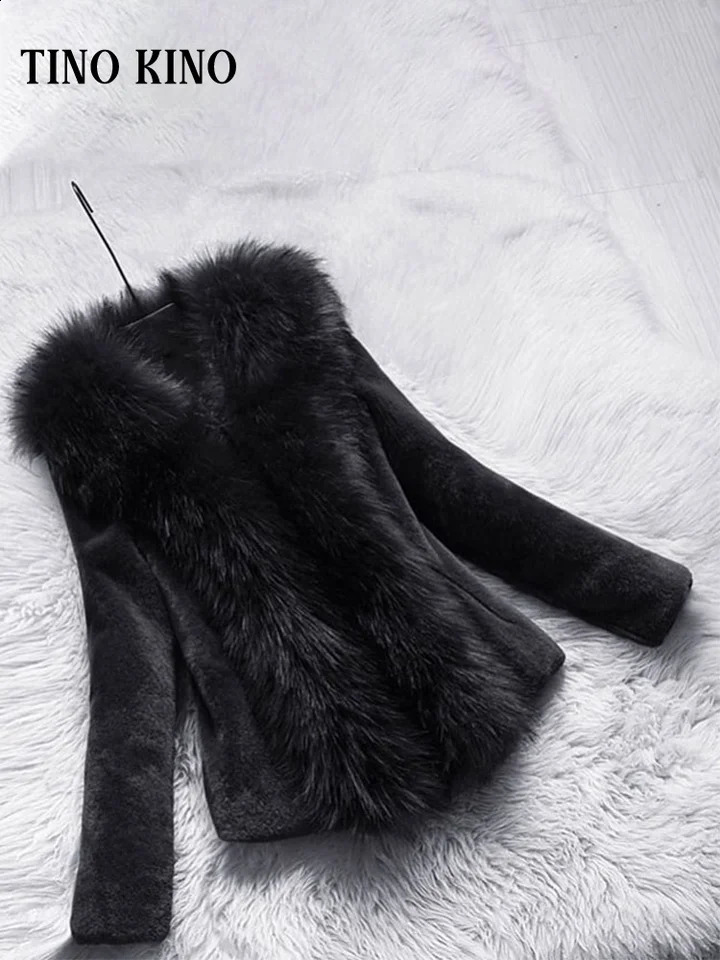 Elegant solid faux womens fur coat V-neck long sleeved ultra-thin warm cardigan autumn and winter womens high street coat 240923
