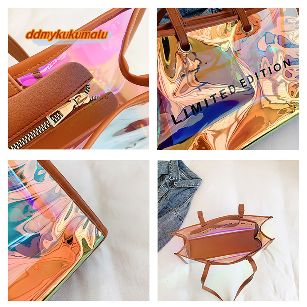 Fashion Women Clear Tote PVC Laser Waterproof Transparent Handbags Large Capacity Shoulder Bag Summer Beach Portable Bags H7.6#26 ddmykukumalu