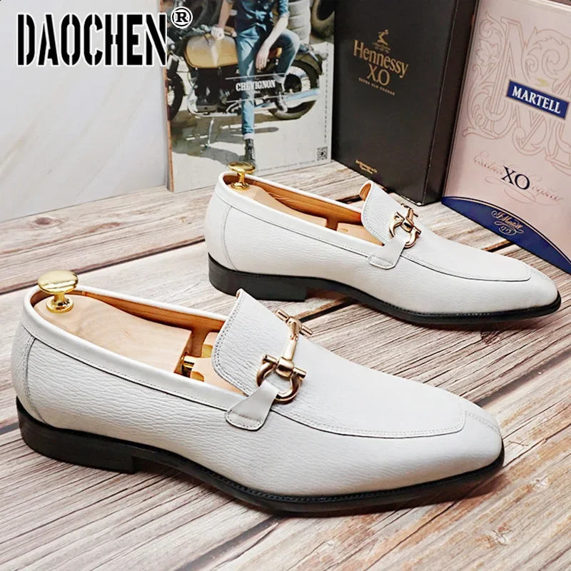 Men Leather Shoes Black White Horsebit Loafers Slip on Formal Men Dress Shoes Wedding Office Casual Shoes For Men 240927