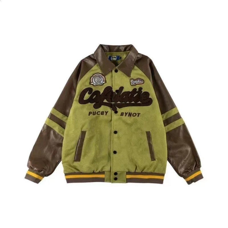 PU Retro American Hip-Hop Lapel Mens Jacket Y2K Loose Baseball Uniform Trend Couple Leather Sleeve Stitching Jacket 240911