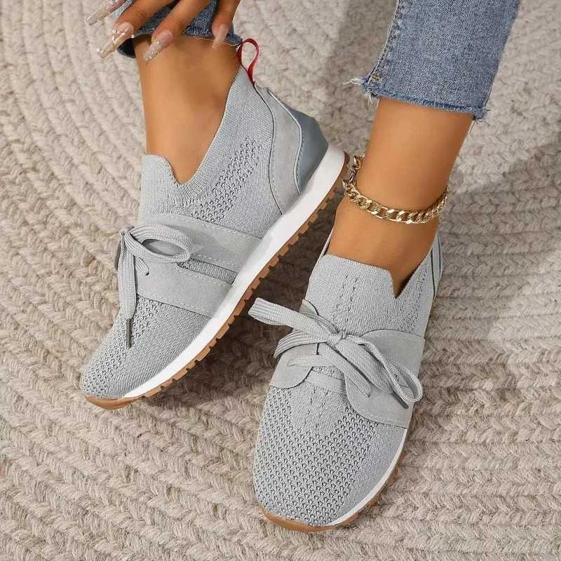2024 Brown Knitted Breathable Womens Sports Shoes New Platform Flat Shoes Womens Plus Size 43 Anti Slip Casual Shoes Mesh Tenis De Mujer Y241007