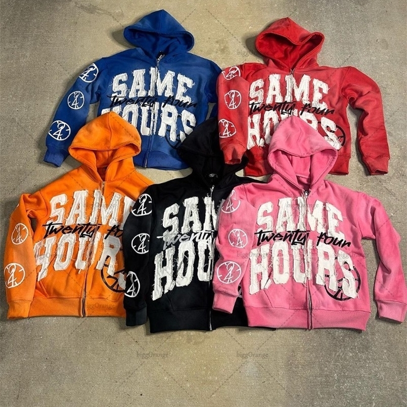 Y2K Harajuku Retro Color Zipper Hoodie American Fashion Hip Hop Street Clothing Punk Style Letter Printed Oversized Sweatshirt 240930CJ