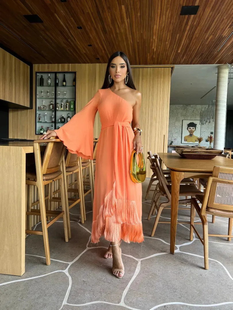 Solid Womens One Shoulder Sexy Long Dress with Ruffles and Fluffy Stiff Swinging Evening 241007