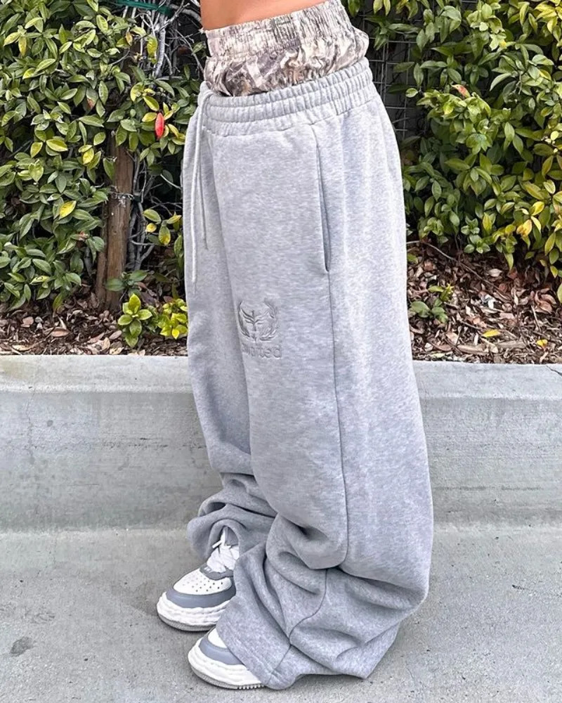 Y2K Hip Hop Sports Pants Retro Loose Embroidered Camo High Waist Casual Pants Harajuku Mens Fashion Wide Leg Pants 240930